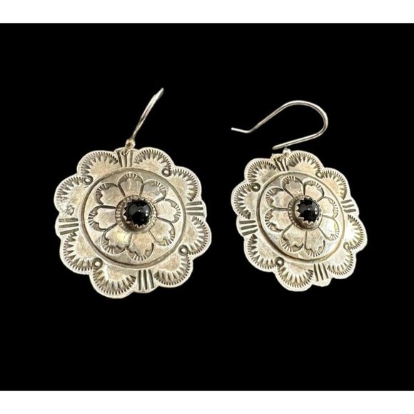 Navajo Etched Sterling Silver And Black Onyx Dangle Earrings Native American - Picture 2 of 7